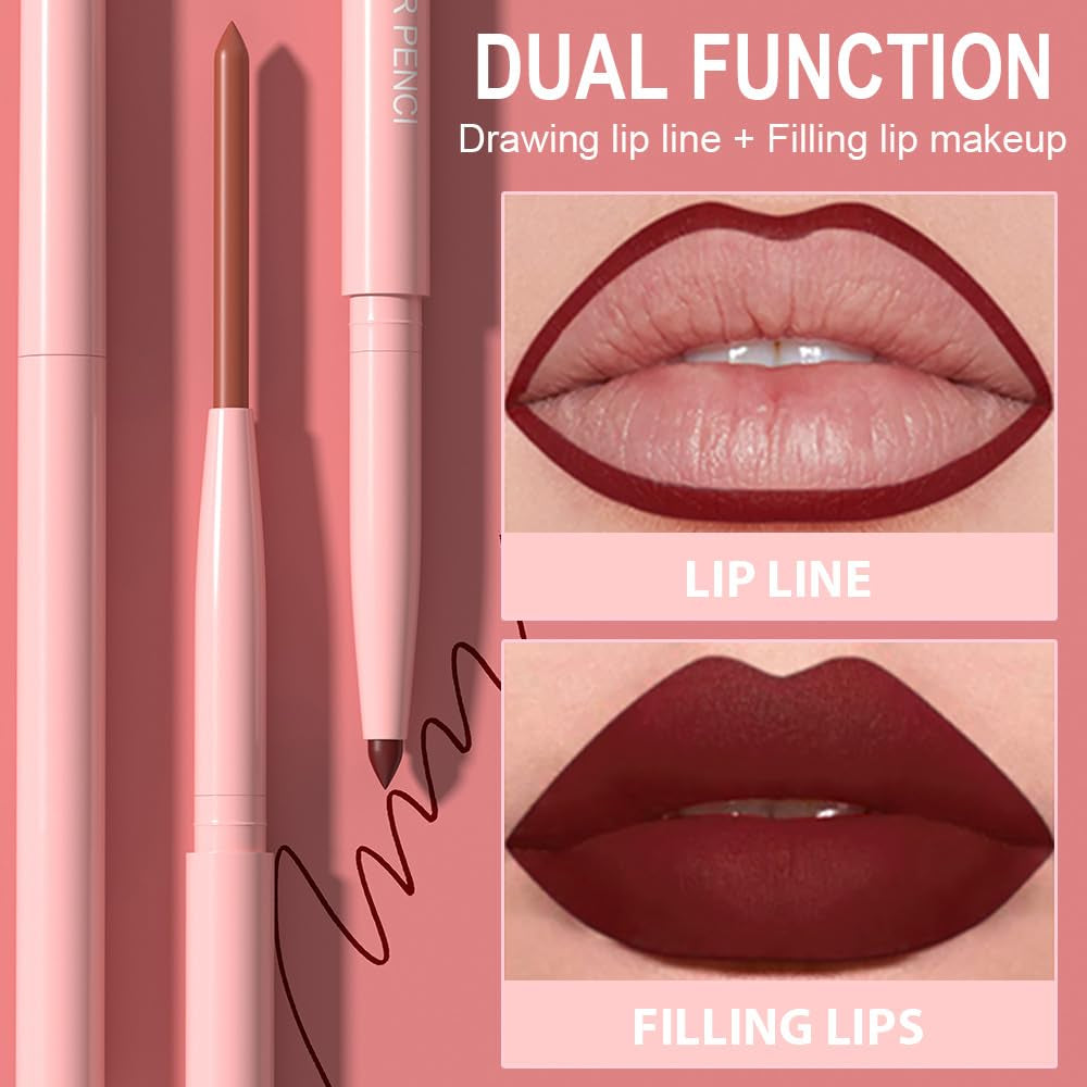 6Pcs Retractable Lip Liner Pencils Set Pack for Shaping & Sculpting Lips, Mauve Maroon Red Orange Nude Chocolate Dark Brown Plum Creamy Matte Gel Lip Liner Lipliners Pencil Delineador De Labios