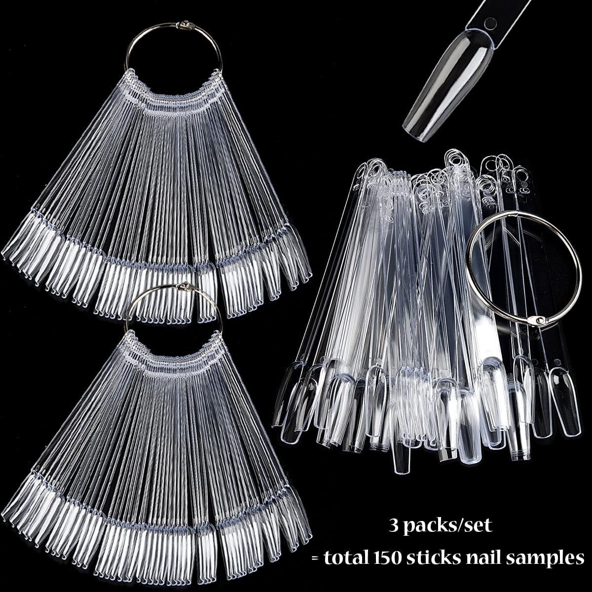 Clear Nail Color Swatch Sticks, 150Pcs with Ring, Ballerina Practice Tips, Polish Display Samples, Stuff for Nail Techs