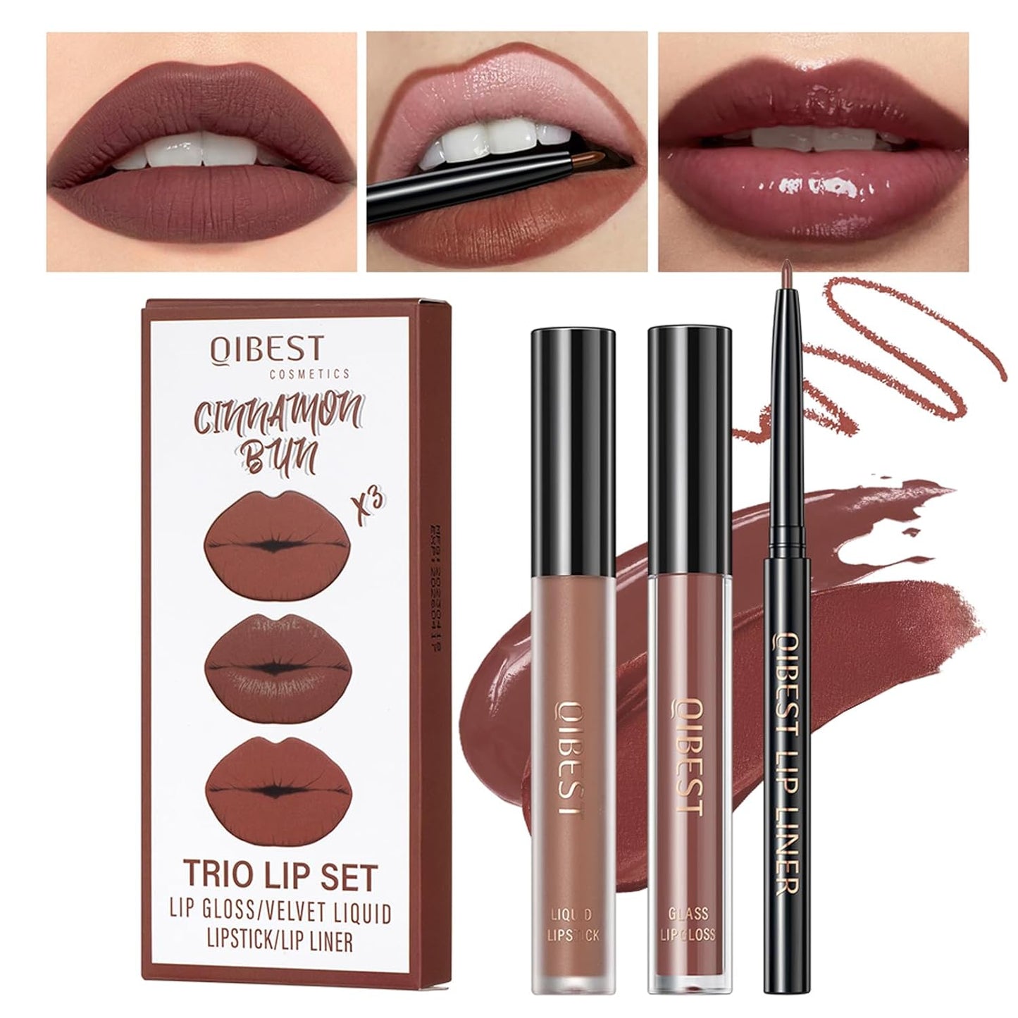 All in One Lip Kit 3 in 1 Smooth Lipliner Lipgloss and Lipstick Set with Matte Velvet Liquid Lipstick Hydrating Moisturizing Lip Gloss and Creamy Lip Liner (Kit 03, Cinnamon Bun)