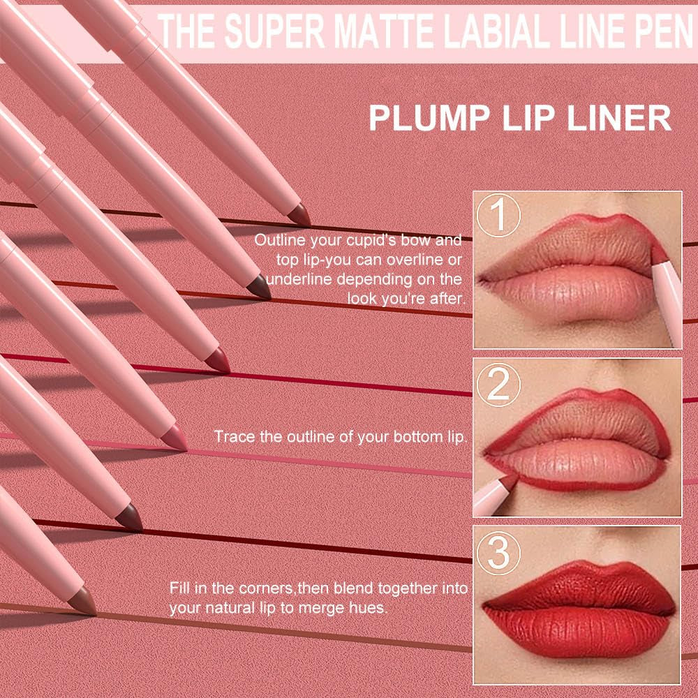 6Pcs Retractable Lip Liner Pencils Set Pack for Shaping & Sculpting Lips, Mauve Maroon Red Orange Nude Chocolate Dark Brown Plum Creamy Matte Gel Lip Liner Lipliners Pencil Delineador De Labios