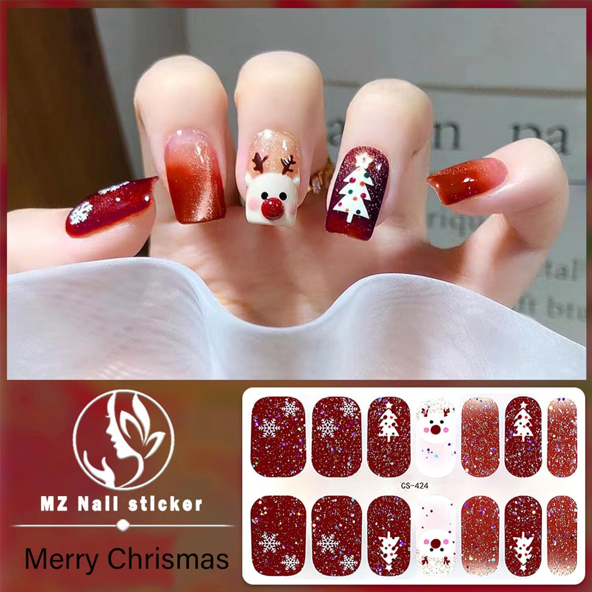 4 Sheets Christmas Gel Nail Stickers for Nail Art,Snowflake Nail Warps Stickers Self-Adhesive Xmas Elk Glitter Nail Polish Strips Christmas Tree Nail Gel Strips Winter Nail Sticker for Women