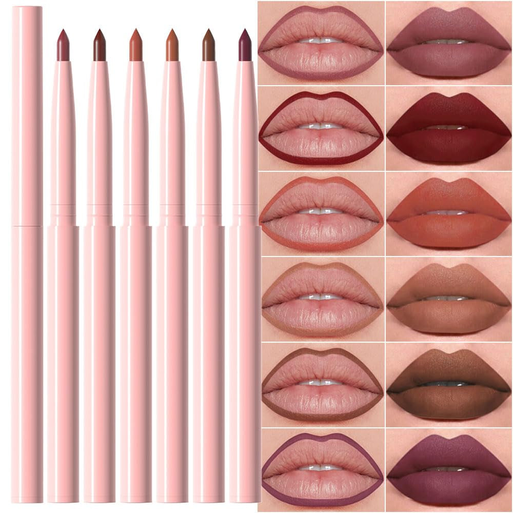6Pcs Retractable Lip Liner Pencils Set Pack for Shaping & Sculpting Lips, Mauve Maroon Red Orange Nude Chocolate Dark Brown Plum Creamy Matte Gel Lip Liner Lipliners Pencil Delineador De Labios