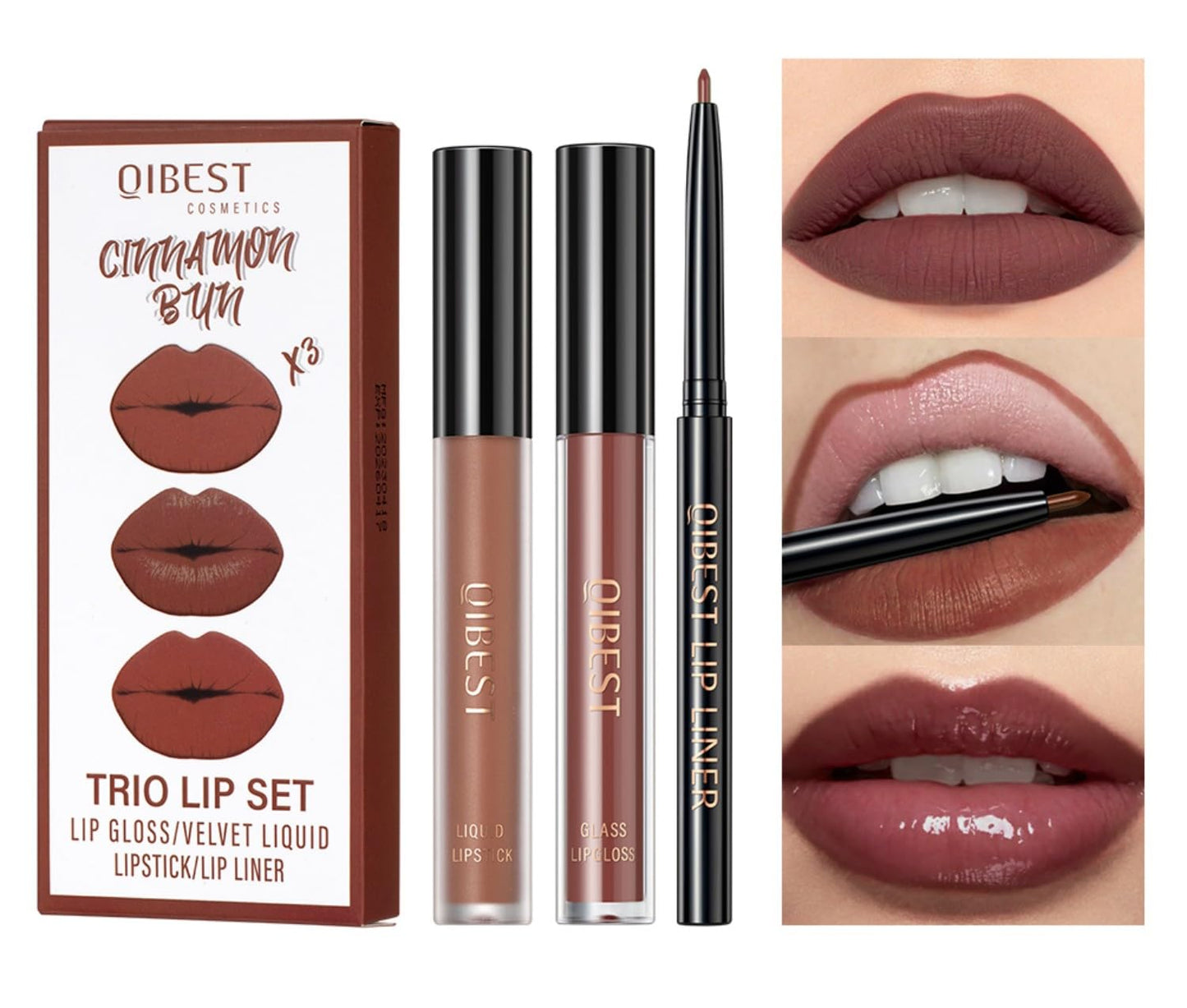 All in One Lip Kit 3 in 1 Smooth Lipliner Lipgloss and Lipstick Set with Matte Velvet Liquid Lipstick Hydrating Moisturizing Lip Gloss and Creamy Lip Liner (Kit 03, Cinnamon Bun)