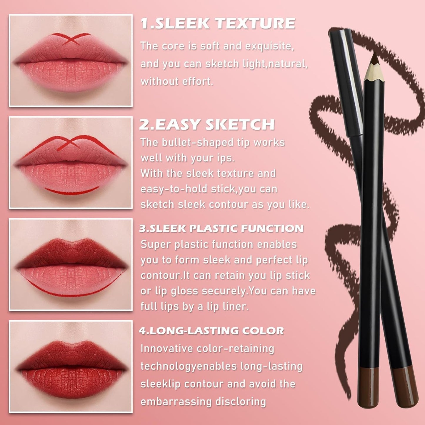 Brown Lip Liner, Long Lasting Lip Liner Pencil, Rich Lip Makeup Colors Highly Pigmented Lip Liners, Smooth Application Lipliner Lip Pencil