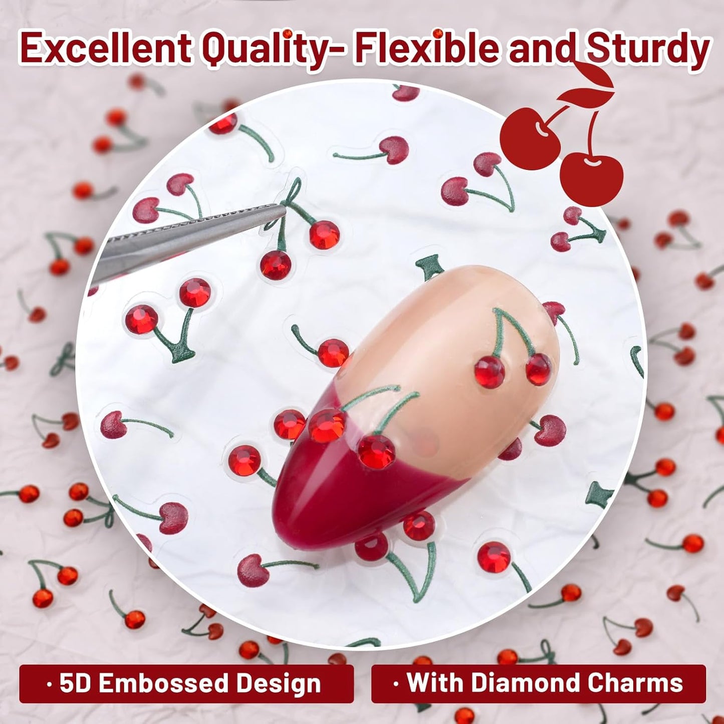 Nail Art Stickers Crystal Cherry Art Nail Sticker Decals, 5D Cherries Nails Rhinestones Charms Fruit Self-Adhesive DIY Design French Tip Nail Decals