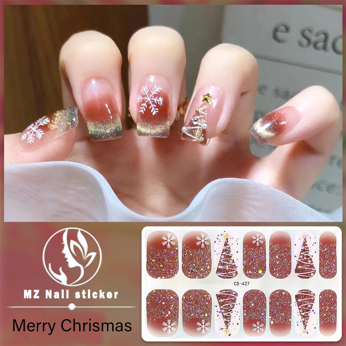 4 Sheets Christmas Gel Nail Stickers for Nail Art,Snowflake Nail Warps Stickers Self-Adhesive Xmas Elk Glitter Nail Polish Strips Christmas Tree Nail Gel Strips Winter Nail Sticker for Women