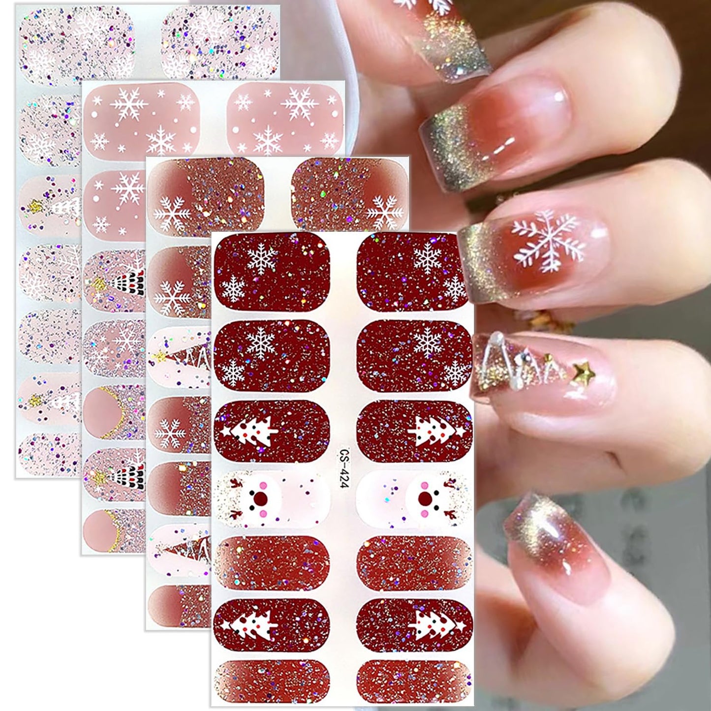 4 Sheets Christmas Gel Nail Stickers for Nail Art,Snowflake Nail Warps Stickers Self-Adhesive Xmas Elk Glitter Nail Polish Strips Christmas Tree Nail Gel Strips Winter Nail Sticker for Women