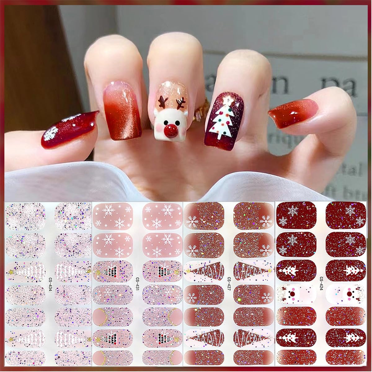 4 Sheets Christmas Gel Nail Stickers for Nail Art,Snowflake Nail Warps Stickers Self-Adhesive Xmas Elk Glitter Nail Polish Strips Christmas Tree Nail Gel Strips Winter Nail Sticker for Women