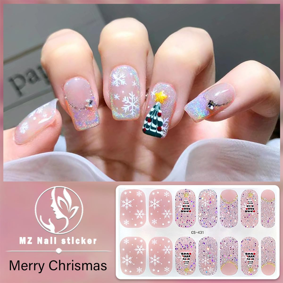 4 Sheets Christmas Gel Nail Stickers for Nail Art,Snowflake Nail Warps Stickers Self-Adhesive Xmas Elk Glitter Nail Polish Strips Christmas Tree Nail Gel Strips Winter Nail Sticker for Women