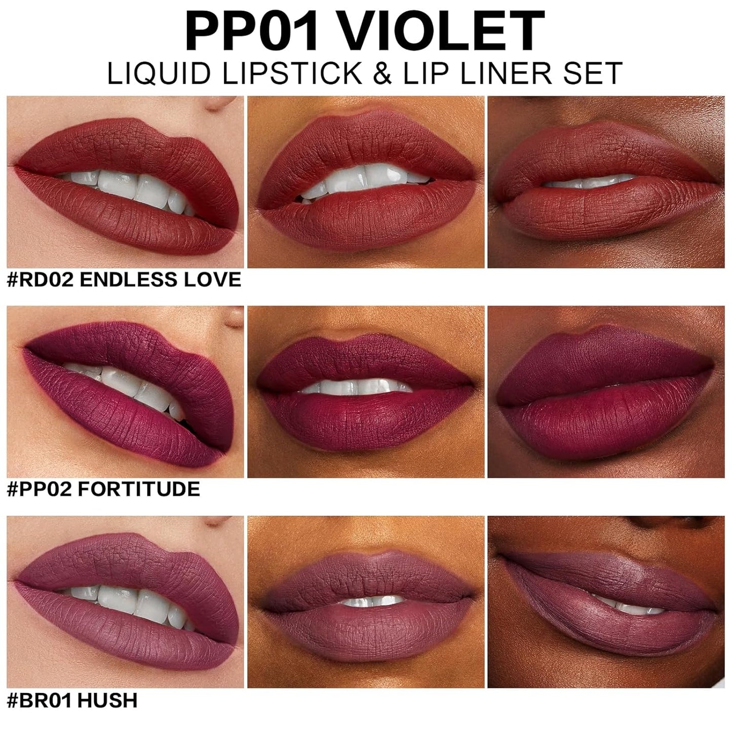 KISSPROOF 6Pcs Liquid Lipstick & Lip Liner Set, 3 Highly Pigmented Lip Gloss, 3 Matte Lip Crayons with Built-In Sharpener, Non-Stick Cup Lips Makeup Gift for Women, PP01 VIOLET