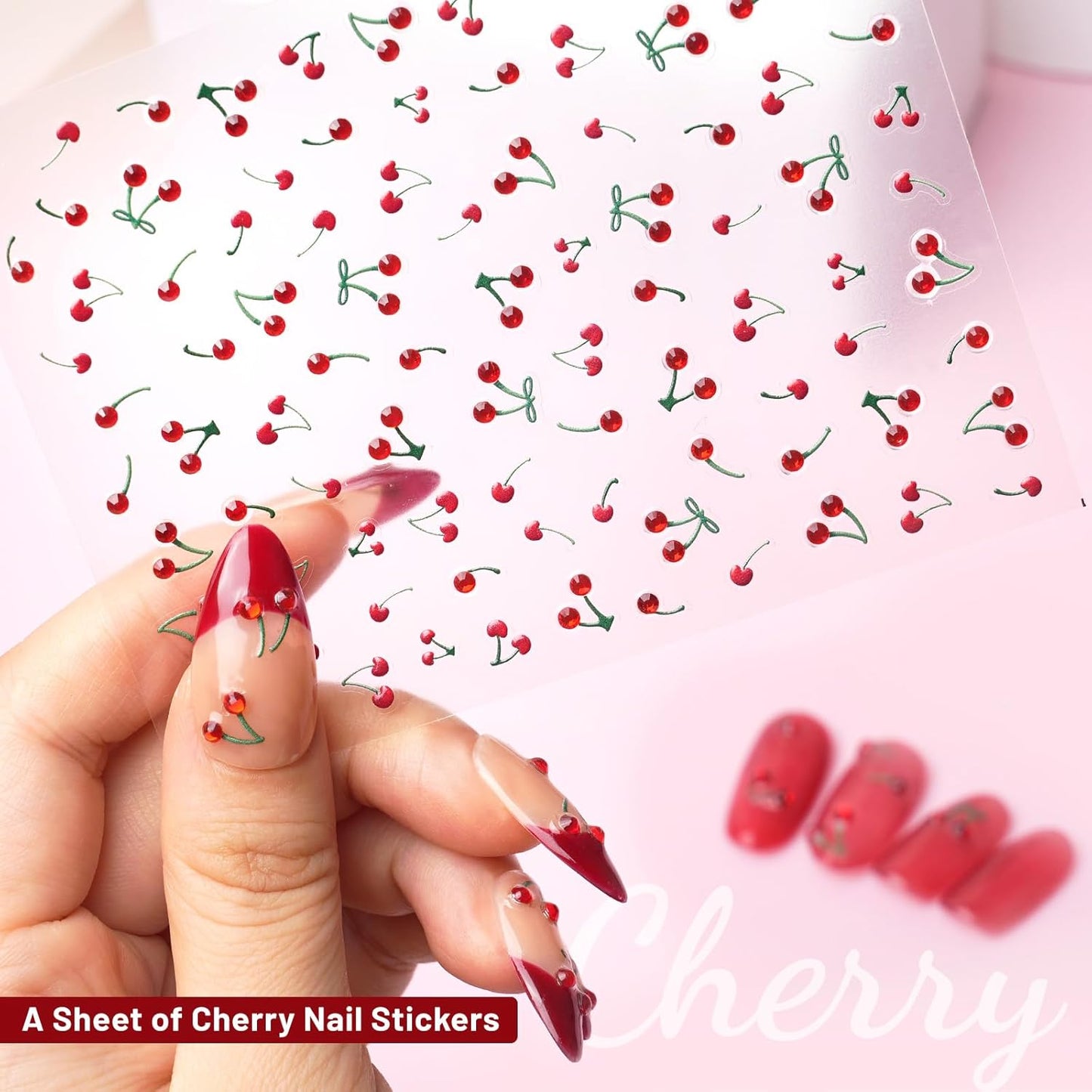 Nail Art Stickers Crystal Cherry Art Nail Sticker Decals, 5D Cherries Nails Rhinestones Charms Fruit Self-Adhesive DIY Design French Tip Nail Decals