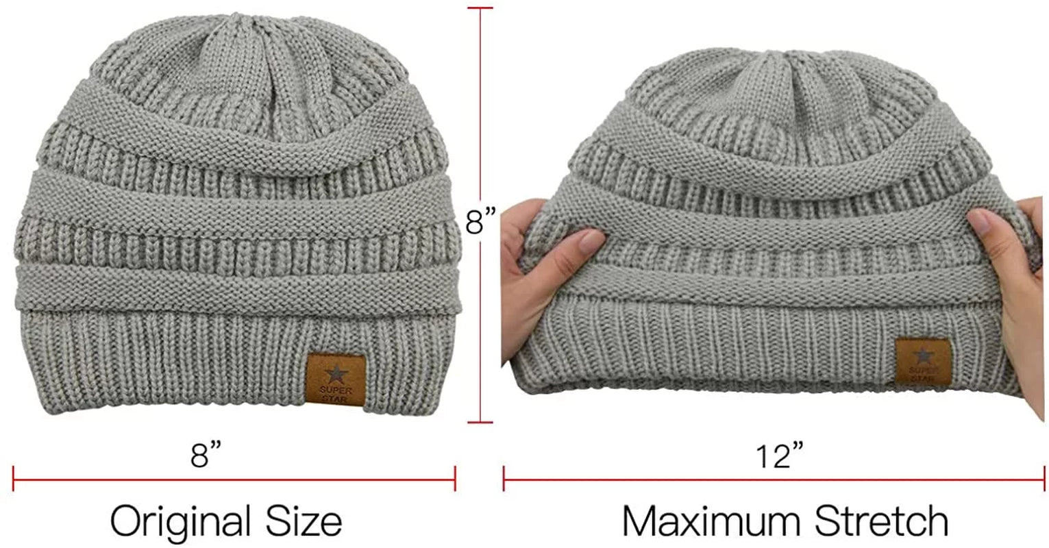 Womens Knit Beanie Winter Thick Fleece Lined Beanie Hats for Women Men Unisex Warm Skiing Beanies Black & Light Grey & Ivory 3 Packs