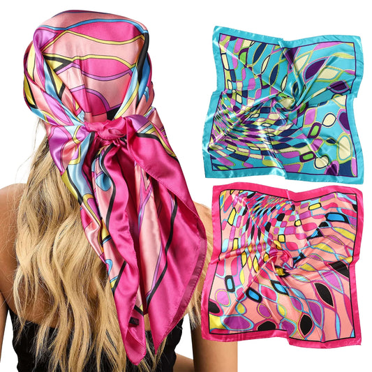 35” Large Satin Square Head Scarf - 2Pcs Silk like Floral Head Scarves Square Satin Hair Scarf Bandanas for Women