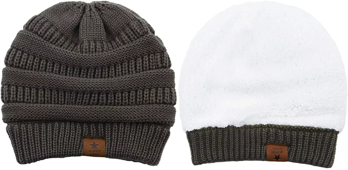 Womens Knit Beanie Winter Thick Fleece Lined Beanie Hats for Women Men Unisex Warm Skiing Beanies Black & Light Grey & Ivory 3 Packs