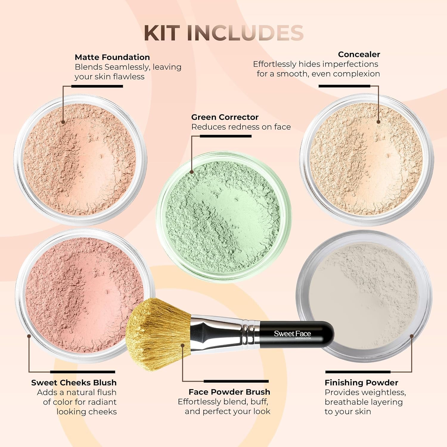 Get Flawless Skin with Our 5-Piece Pink Bisque Mineral Makeup Set - Includes Face Brush for Perfect Application!