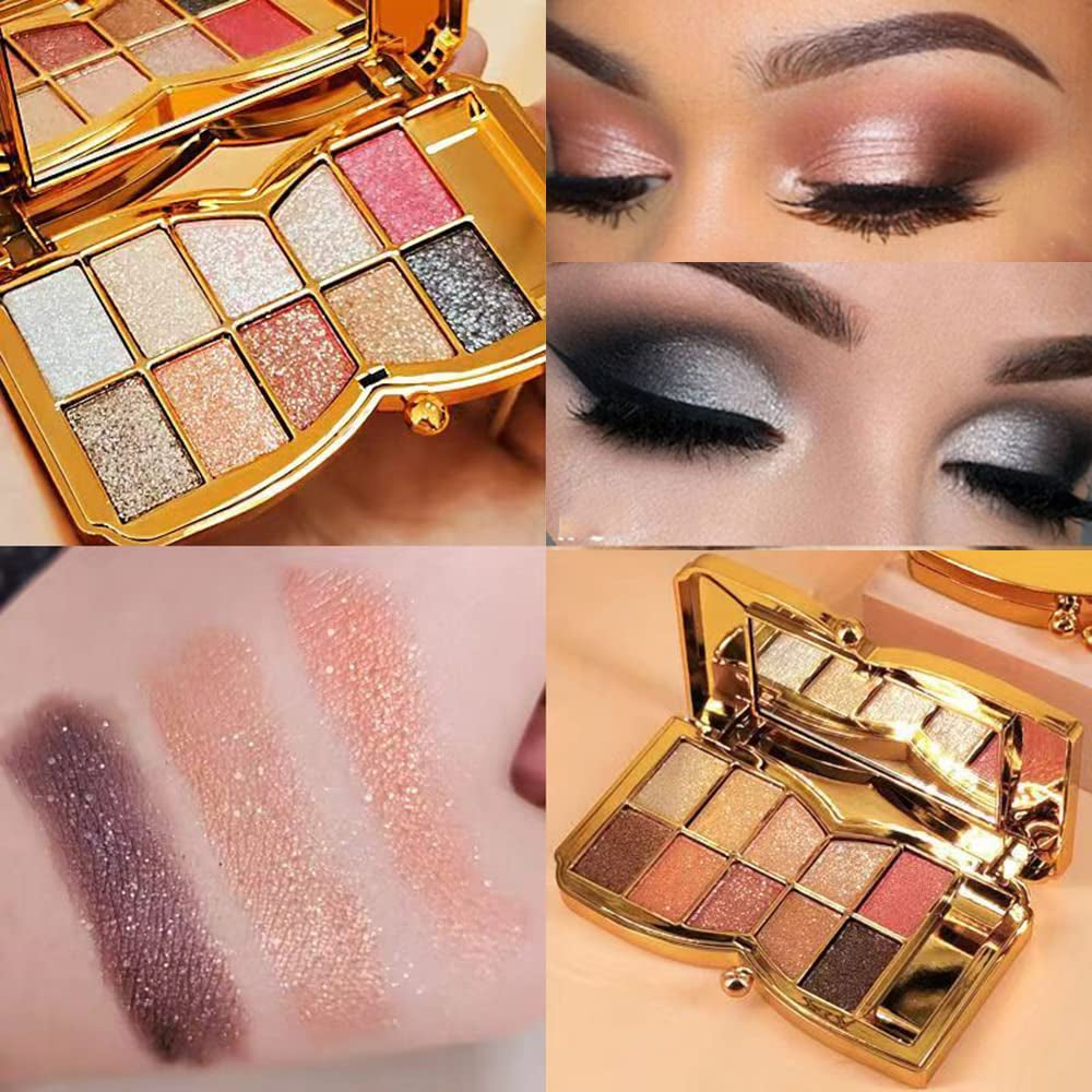 Gold Eye Shadow Eyeshadow Palette Shimmer - 10 Colors Sparkly Eyeshadow Glitter Highly Pigmented Long Lasting Waterproof Sweatproof Professional Nudes Warm Natural Neutral Smoky Cosmetic Eye (# 01)
