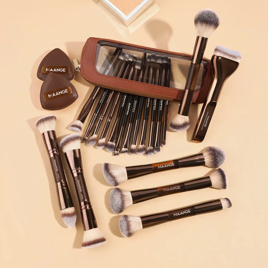 Maange 22-Piece Makeup Brush Set with 19 Brushes, 2 Powder Puffs, Storage Bag, Foundation Brush, Blush Brush, Eyeshadow Brush, Mascara Brush, Blending Brush, Face Makeup Brush Makeup Tools Set