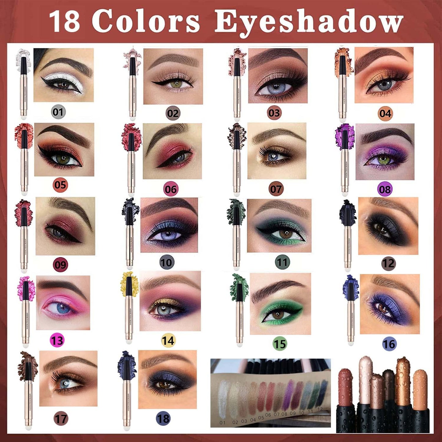 Rose Gold Eyeshadow Stick Makeup, Highlighter Matte Cream Eye Shadow Pencil, Waterproof Hypoallergenic Long Lasting Crayon, Glitter Primer Palette Shimmer Eyeliner Pen Wiht Soft Brush