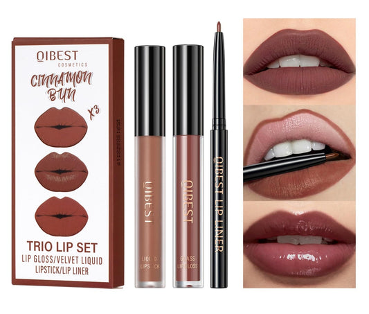 All in One Lip Kit 3 in 1 Smooth Lipliner Lipgloss and Lipstick Set with Matte Velvet Liquid Lipstick Hydrating Moisturizing Lip Gloss and Creamy Lip Liner (Kit 03, Cinnamon Bun)