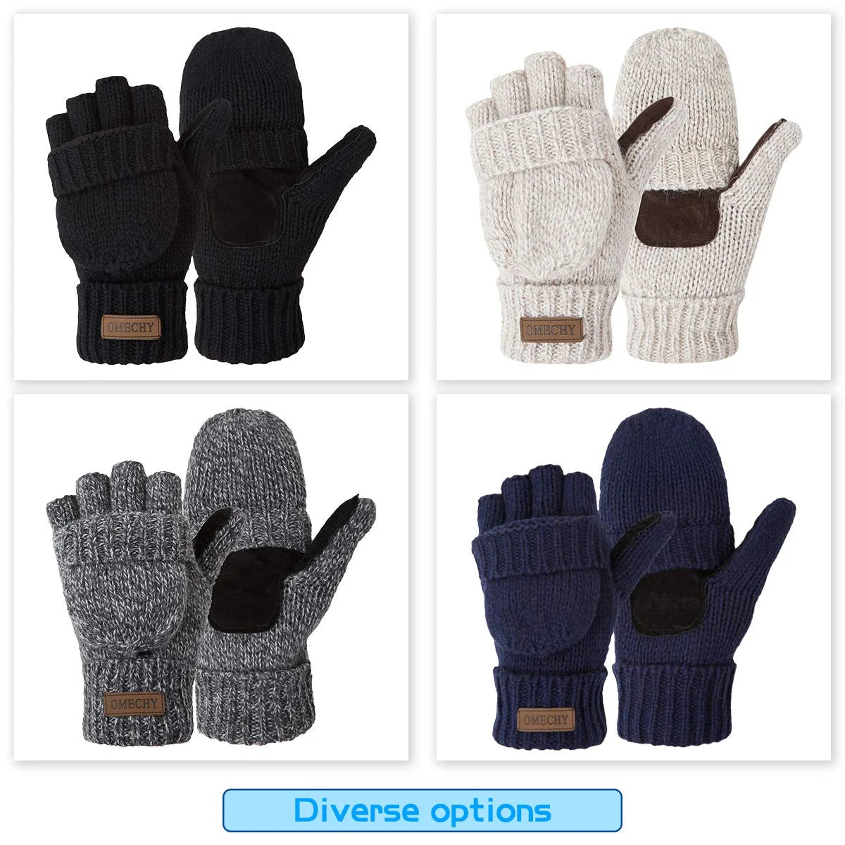 Mittens Winter Fingerless Gloves Warm Wool Knitted Gloves Convertible Gloves for Men and Women