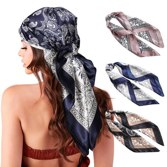 35” Large Square Satin Head Scarf - 3Pcs Satin Hair Scarves Silk Bandana Scarf Headscarf Silk Feeling Scarf for Women