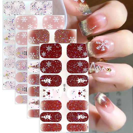 4 Sheets Christmas Gel Nail Stickers for Nail Art,Snowflake Nail Warps Stickers Self-Adhesive Xmas Elk Glitter Nail Polish Strips Christmas Tree Nail Gel Strips Winter Nail Sticker for Women
