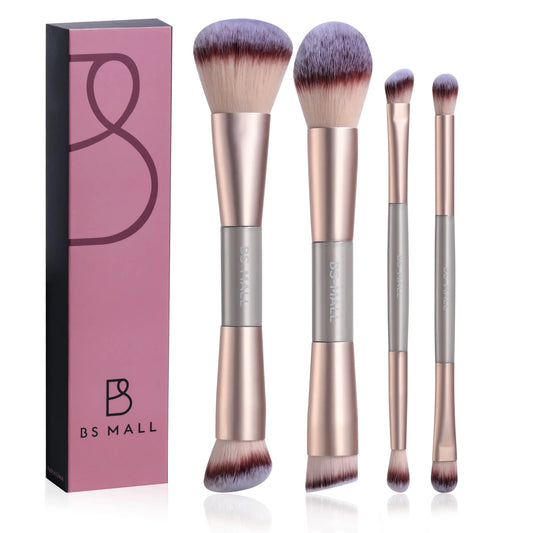 4PCS Double-Ended Makeup Brush Set – Foundation, Powder & Eyeshadow Brushes, Champagne Gold Professional All-In-One Makeup Tools for Women, Makeup Brush Kit