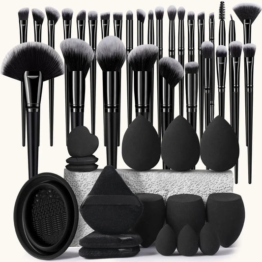 46PCS All-Round Makeup Tools Set, 30PCS Professional Makeup Brushes, 6 Regular Makeup Sponges, 3 Mini Makeup Sponges, 3 Triangle Powder Puffs, 3 Mini Air Cushion Puffs and Makeup Brush Cleaning Tool, Multipurpose Beauty Accessory Kit for Daily Makeup