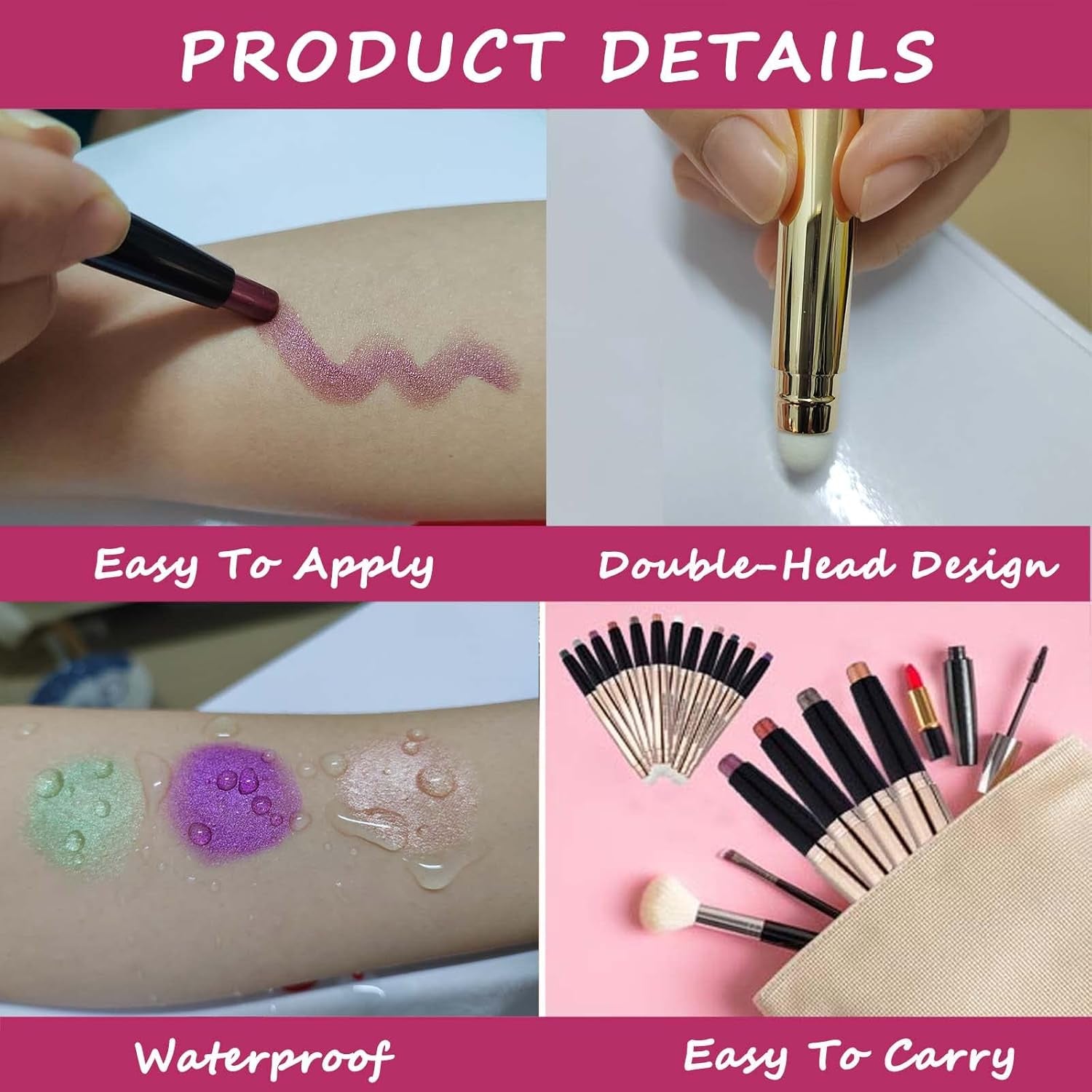 Rose Gold Eyeshadow Stick Makeup, Highlighter Matte Cream Eye Shadow Pencil, Waterproof Hypoallergenic Long Lasting Crayon, Glitter Primer Palette Shimmer Eyeliner Pen Wiht Soft Brush