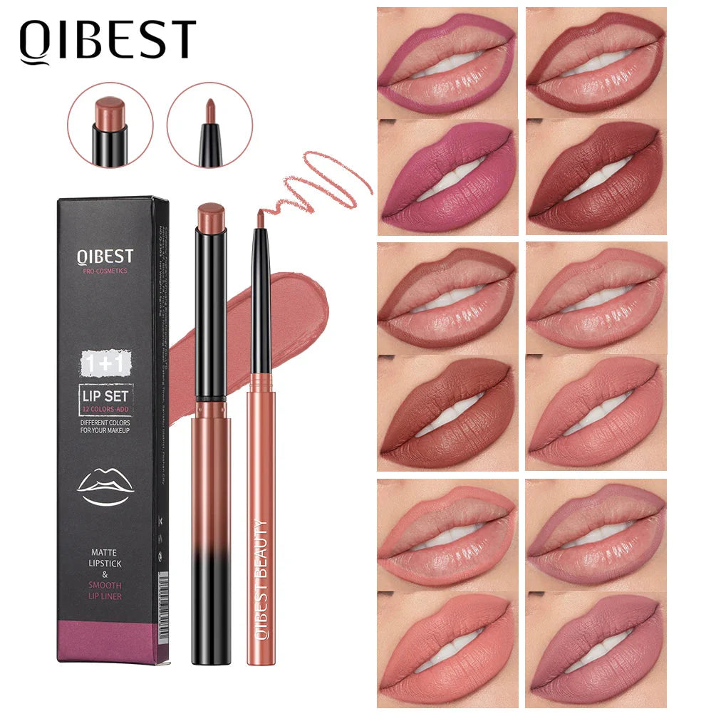QIBEST 2-Piece Matte Velvet Lipstick and Lip Liner Set - Long Lasting, Waterproof, and Perfect for a Sexy Red Lip Look