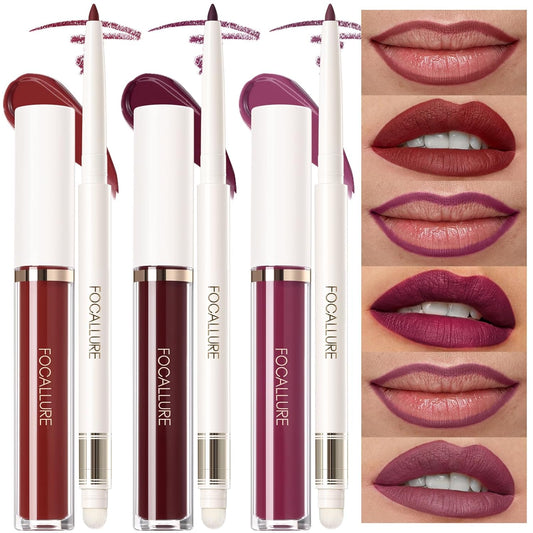 KISSPROOF 6Pcs Liquid Lipstick & Lip Liner Set, 3 Highly Pigmented Lip Gloss, 3 Matte Lip Crayons with Built-In Sharpener, Non-Stick Cup Lips Makeup Gift for Women, PP01 VIOLET